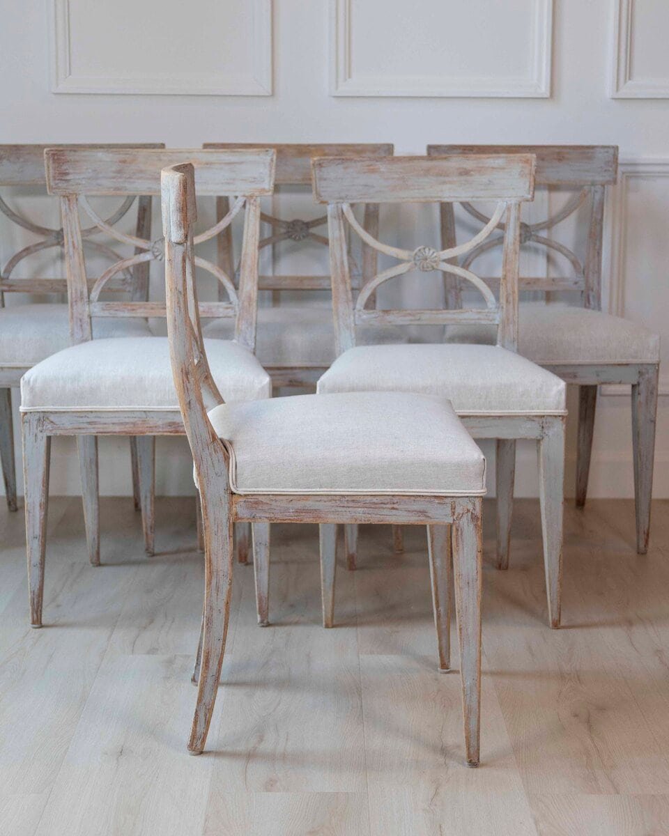 ON HOLD - Set of Six Swedish Neoclassical Dining Chairs with Curule Backrests, 19th Century - JAA