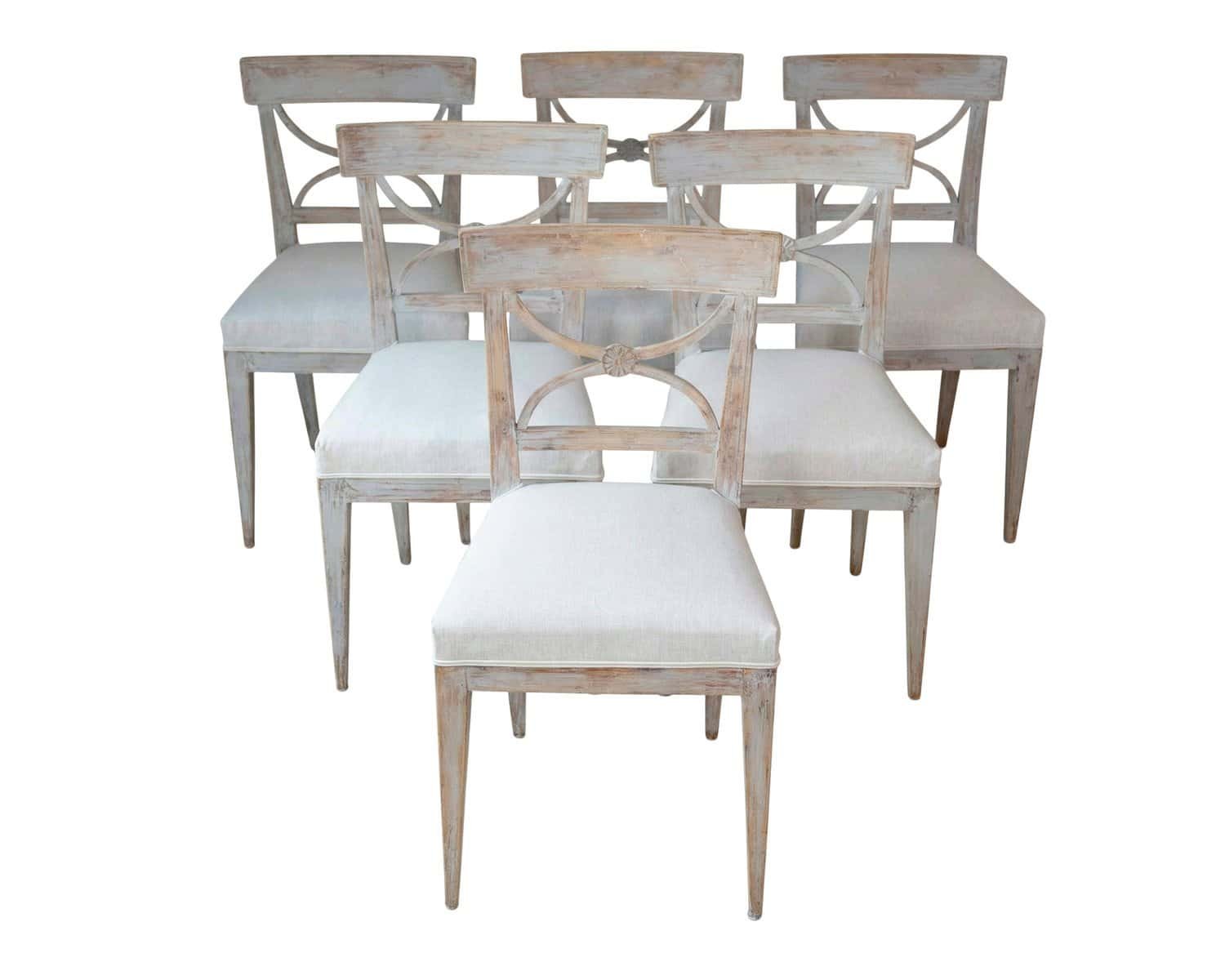 Set of Six Swedish Neoclassical Dining Chairs with Curule Backrests, 19th Century