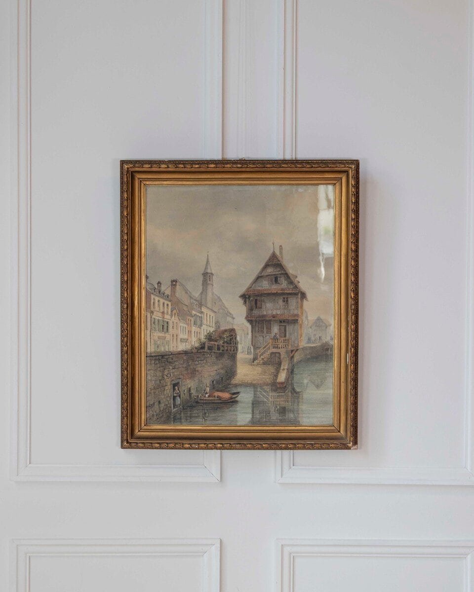 European Canal Townscape with Half-Timbered Architecture, Oil Painting in Gilt Frame - JAA