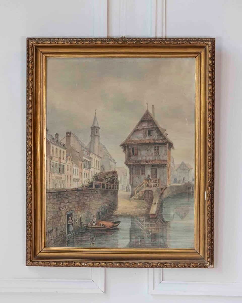 European Canal Townscape with Half-Timbered Architecture, Oil Painting in Gilt Frame - JAA