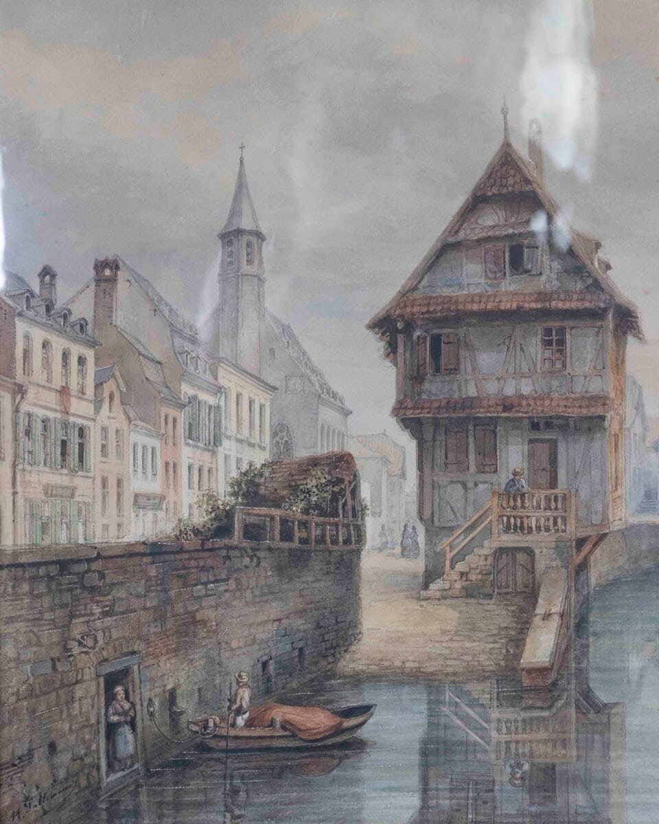European Canal Townscape with Half-Timbered Architecture, Oil Painting in Gilt Frame - JAA