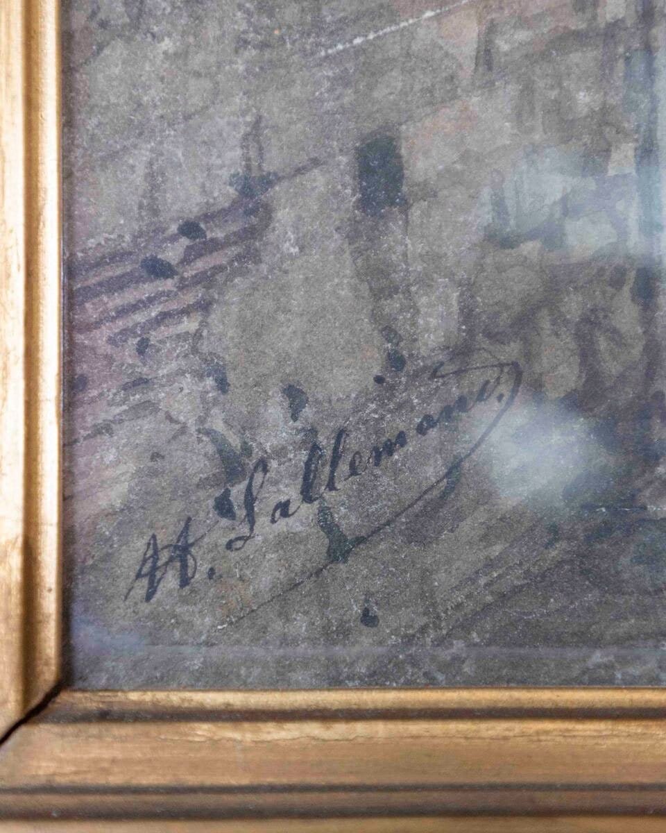 European Canal Townscape with Half-Timbered Architecture, Oil Painting in Gilt Frame - JAA