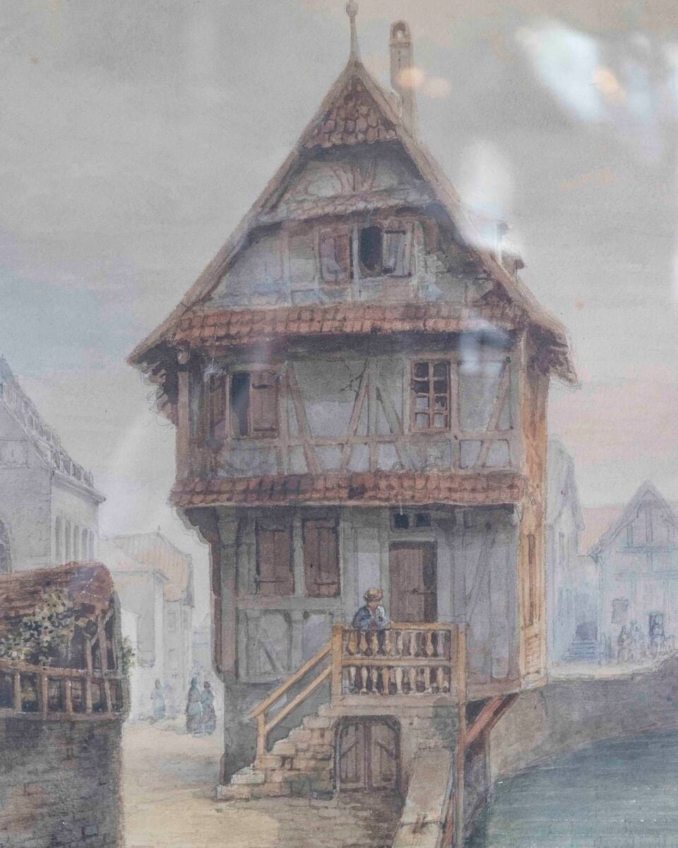 European Canal Townscape with Half-Timbered Architecture, Oil Painting in Gilt Frame - JAA