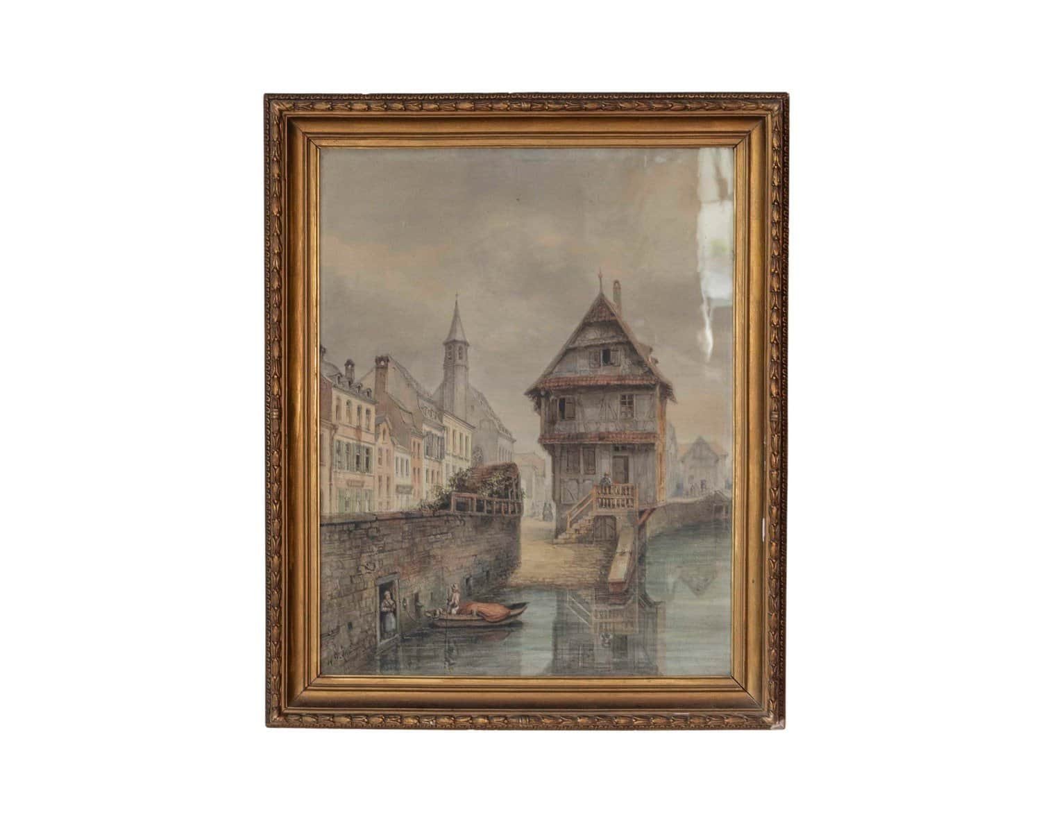 European Canal Townscape with Half-Timbered Architecture, Oil Painting in Gilt Frame