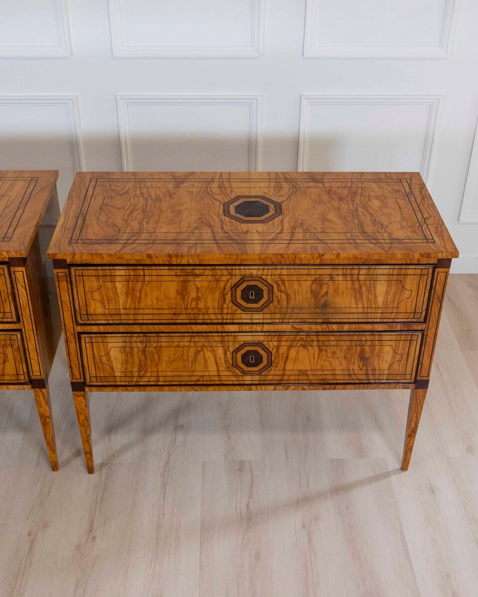 ON HOLD - Pair of Italian Neoclassical Elm Burl Veneer Commodes, Late 19th Century - JAA