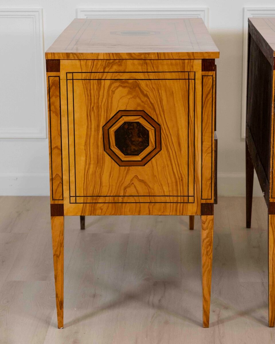 ON HOLD - Pair of Italian Neoclassical Elm Burl Veneer Commodes, Late 19th Century - JAA