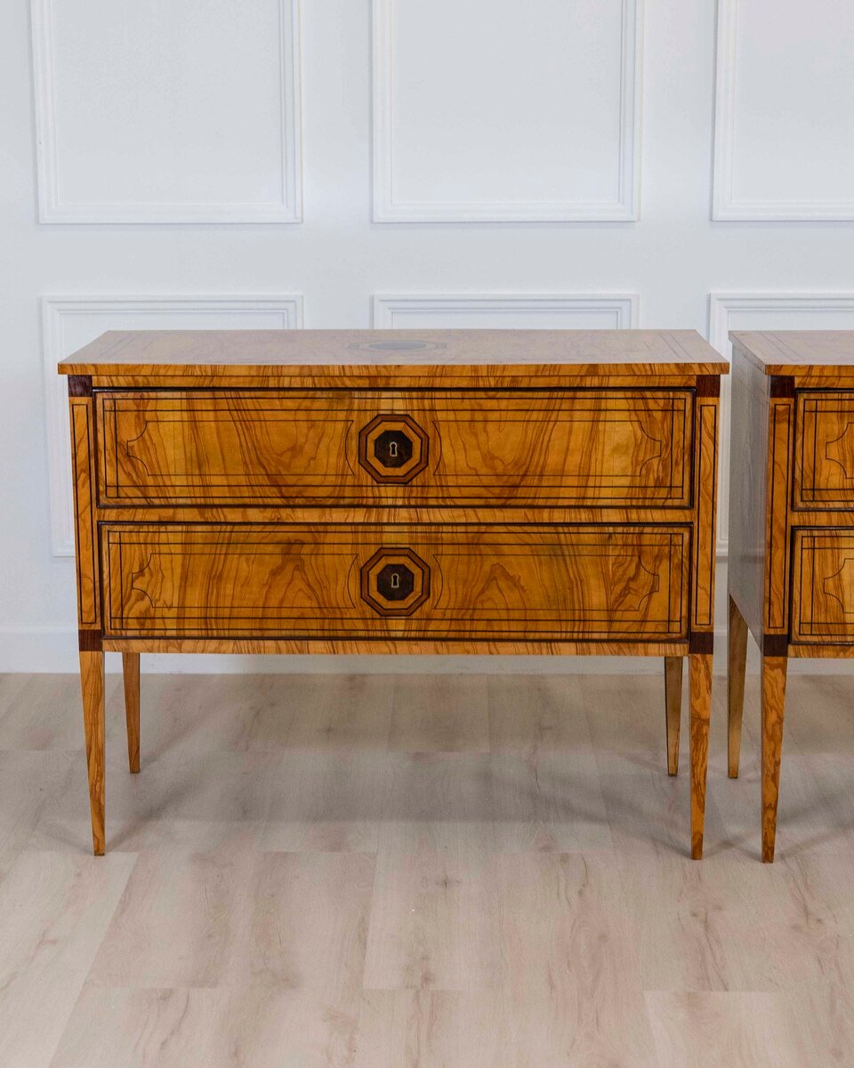 ON HOLD - Pair of Italian Neoclassical Elm Burl Veneer Commodes, Late 19th Century - JAA