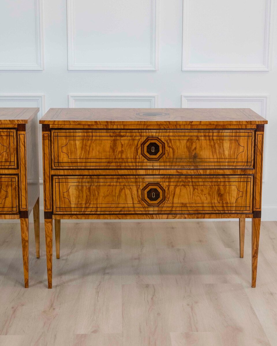 ON HOLD - Pair of Italian Neoclassical Elm Burl Veneer Commodes, Late 19th Century - JAA