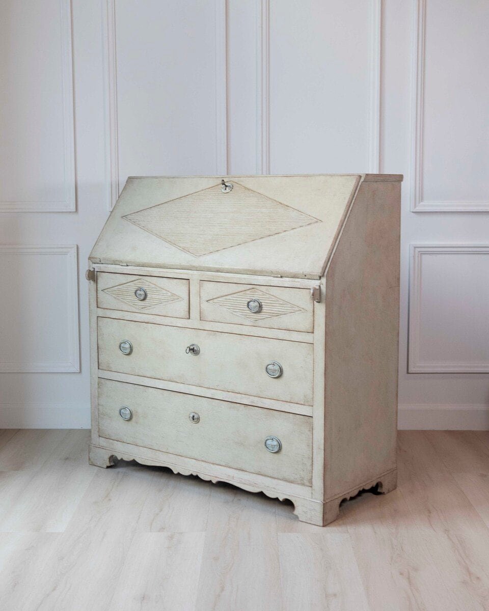 Swedish Gustavian Slant-Front Secretary in Original Cream Paint, Early 19th Century - JAA
