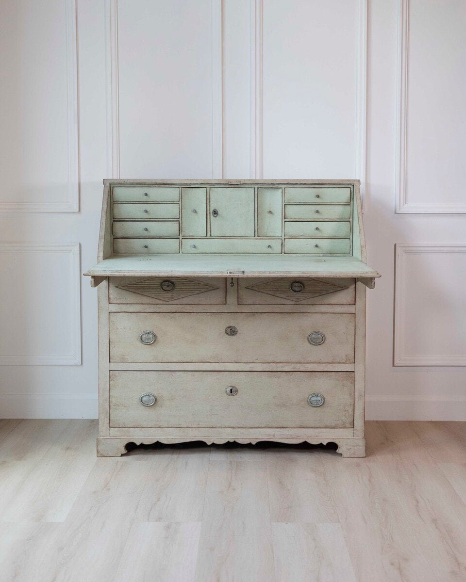 Swedish Gustavian Slant-Front Secretary in Original Cream Paint, Early 19th Century - JAA