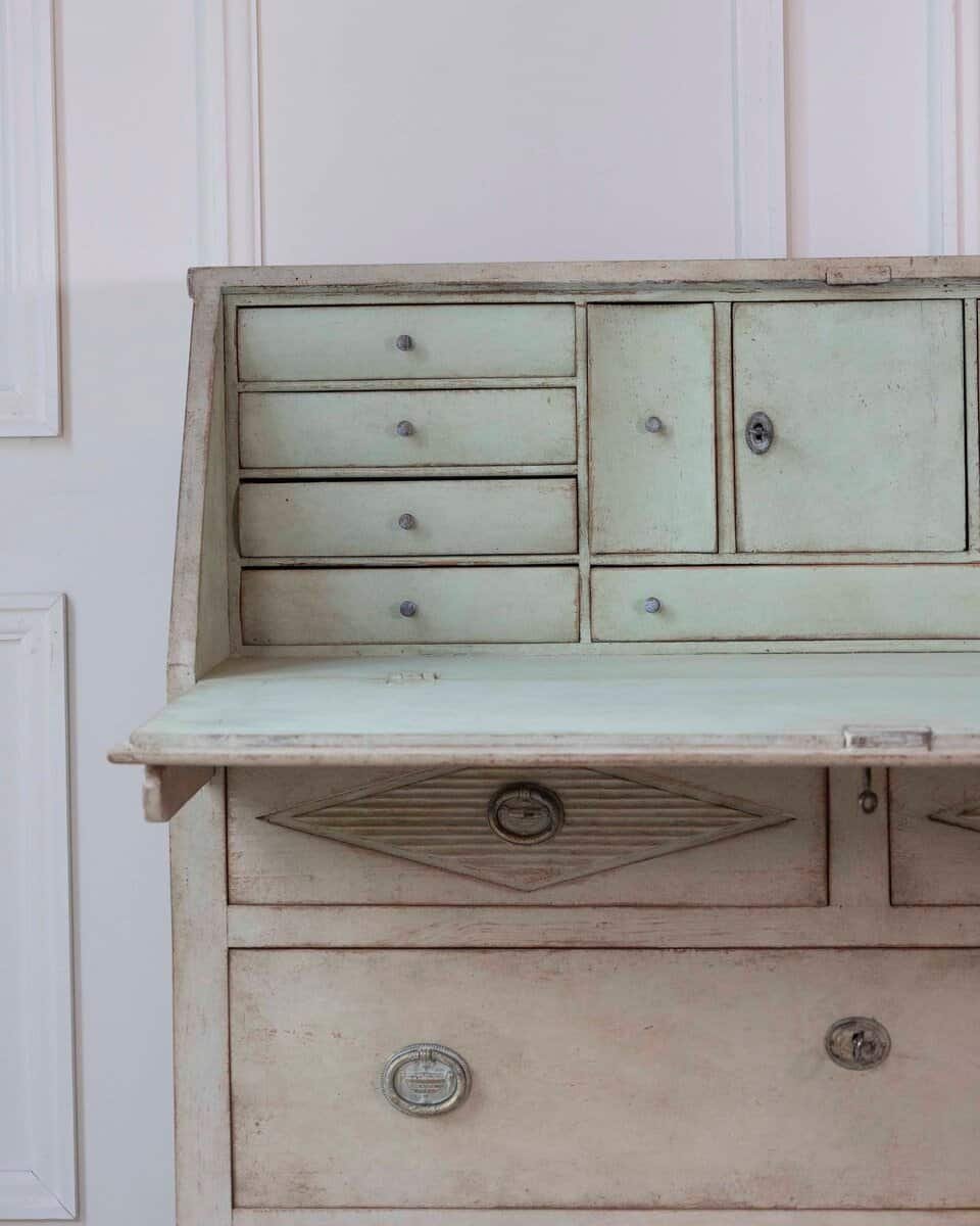 Swedish Gustavian Slant-Front Secretary in Original Cream Paint, Early 19th Century - JAA