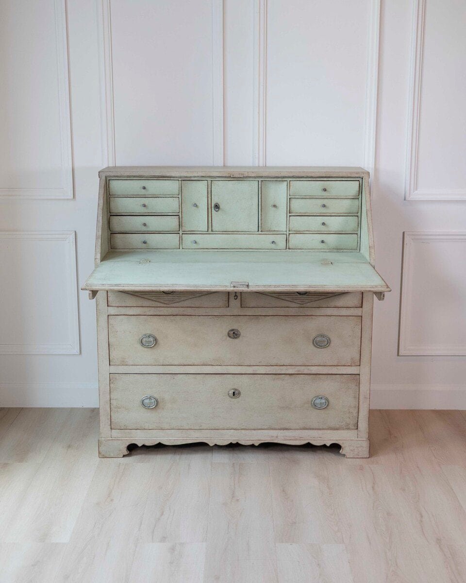 Swedish Gustavian Slant-Front Secretary in Original Cream Paint, Early 19th Century - JAA
