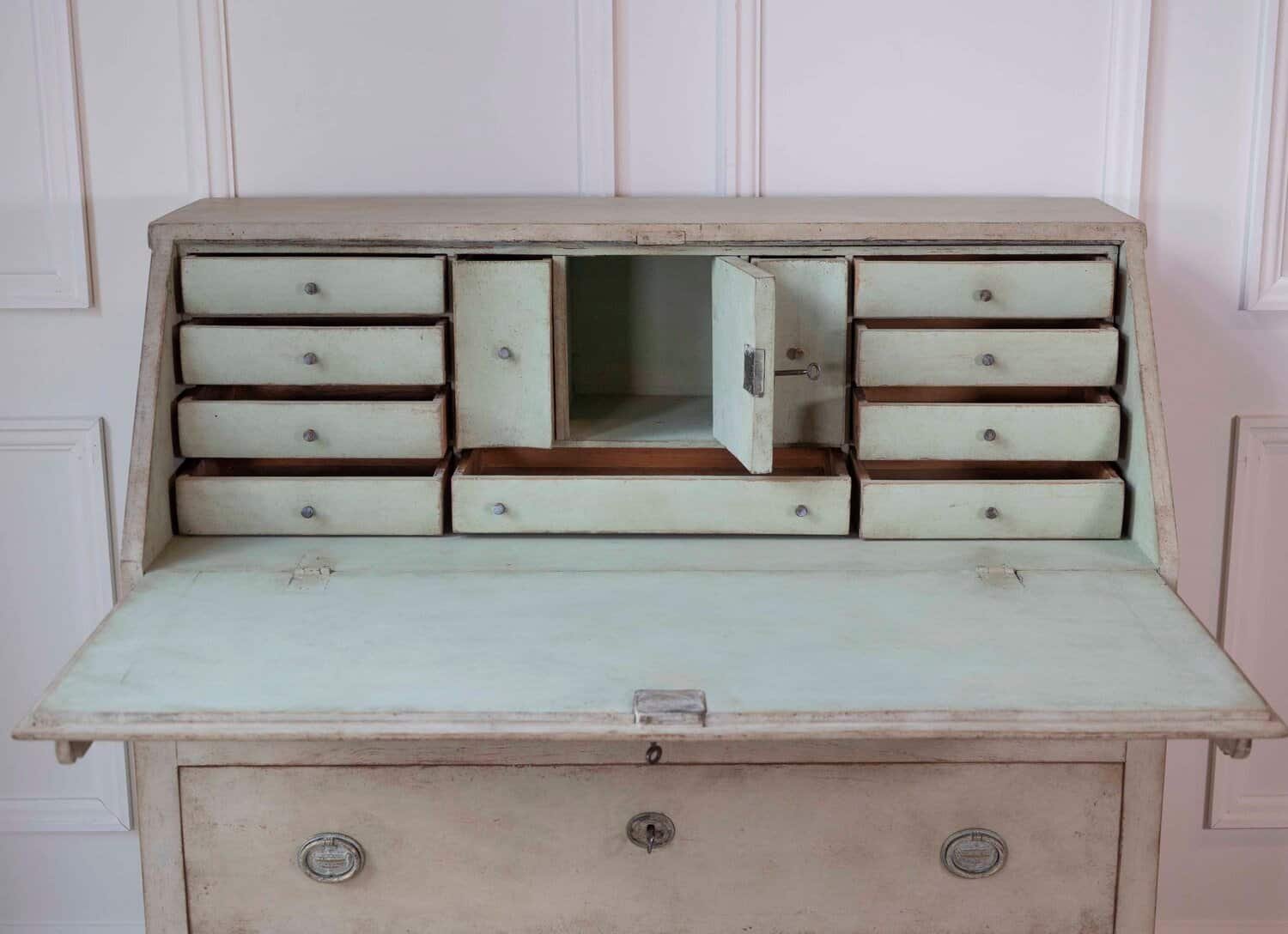 Swedish Gustavian Slant-Front Secretary in Original Cream Paint, Early 19th Century - JAA