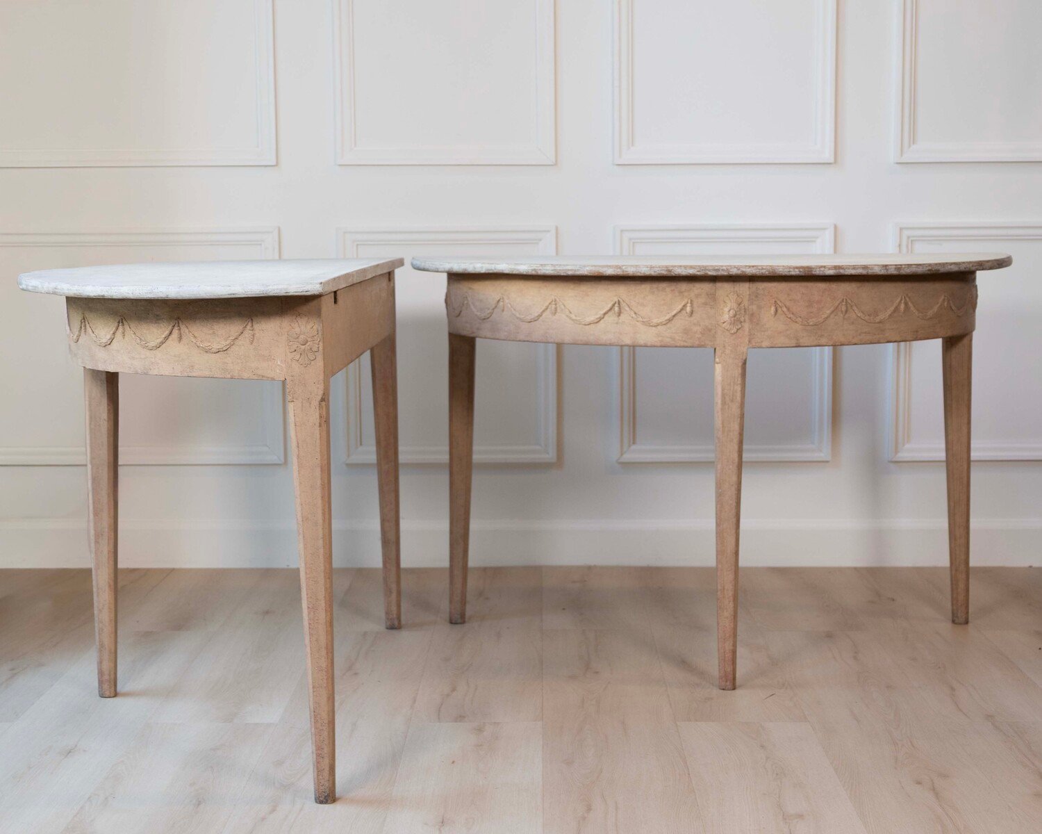 Pair of Swedish Gustavian Demi-Lune Console Tables in Oak, circa 1840–1860 - JAA