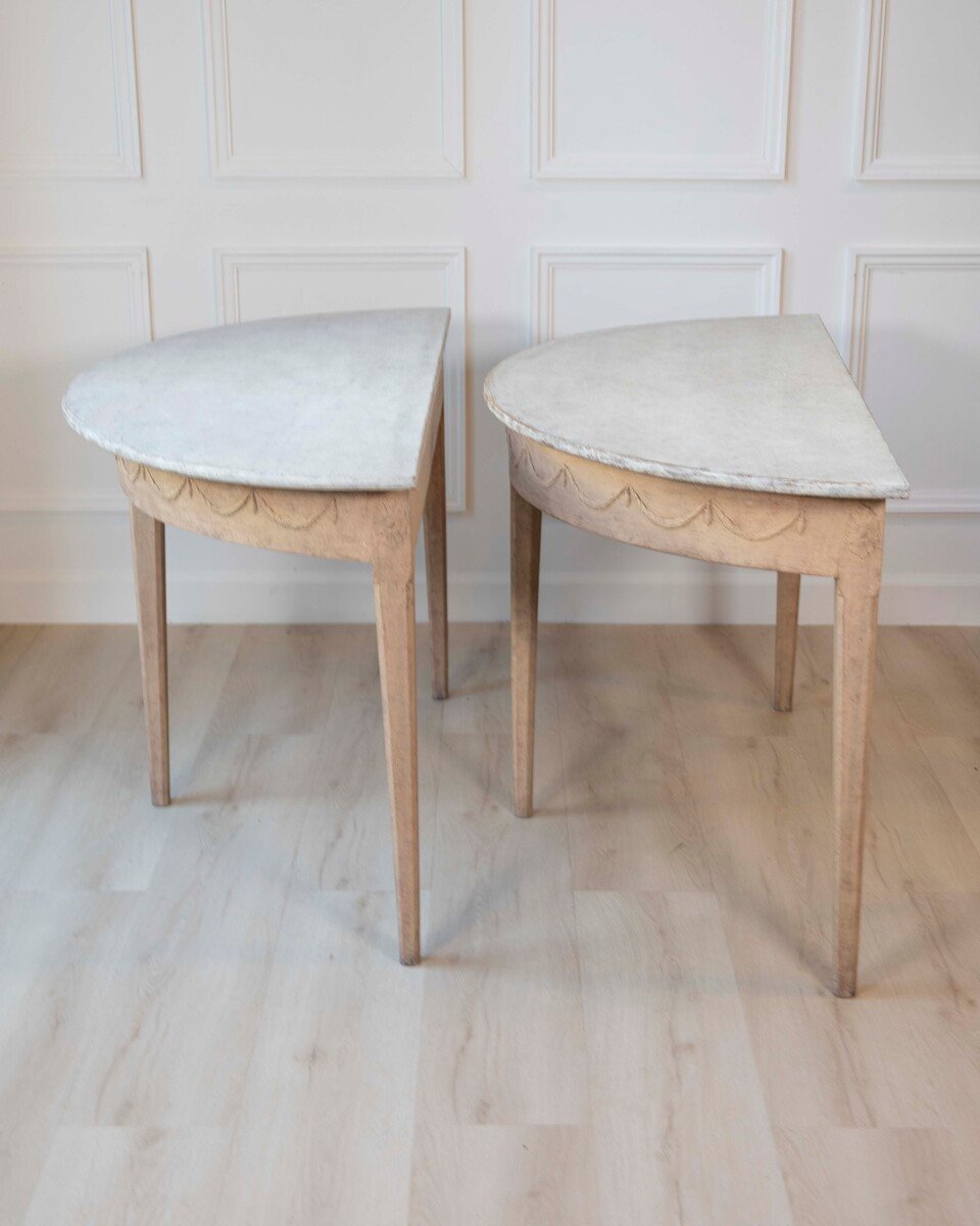 Pair of Swedish Gustavian Demi-Lune Console Tables in Oak, circa 1840–1860 - JAA