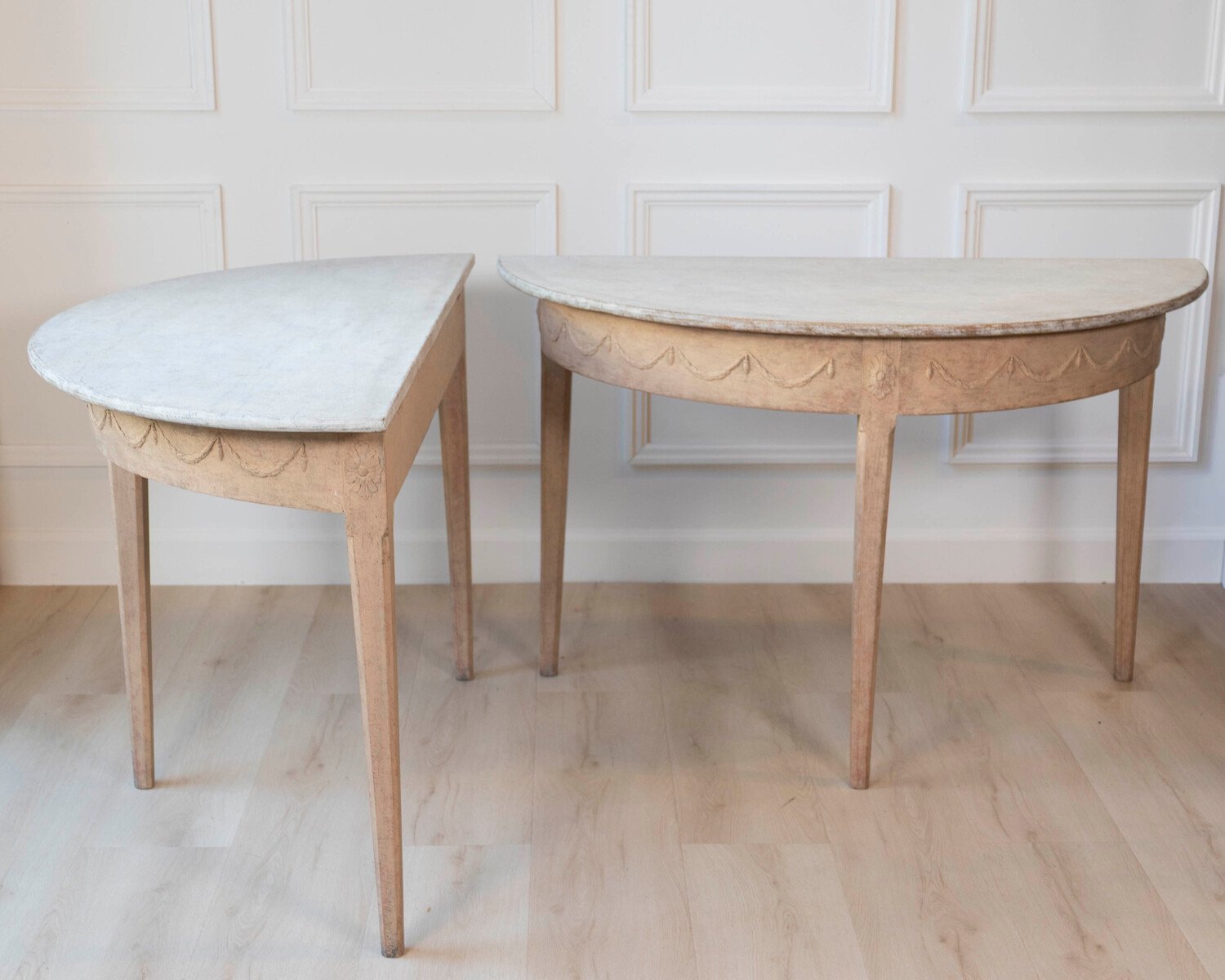 Pair of Swedish Gustavian Demi-Lune Console Tables in Oak, circa 1840–1860 - JAA