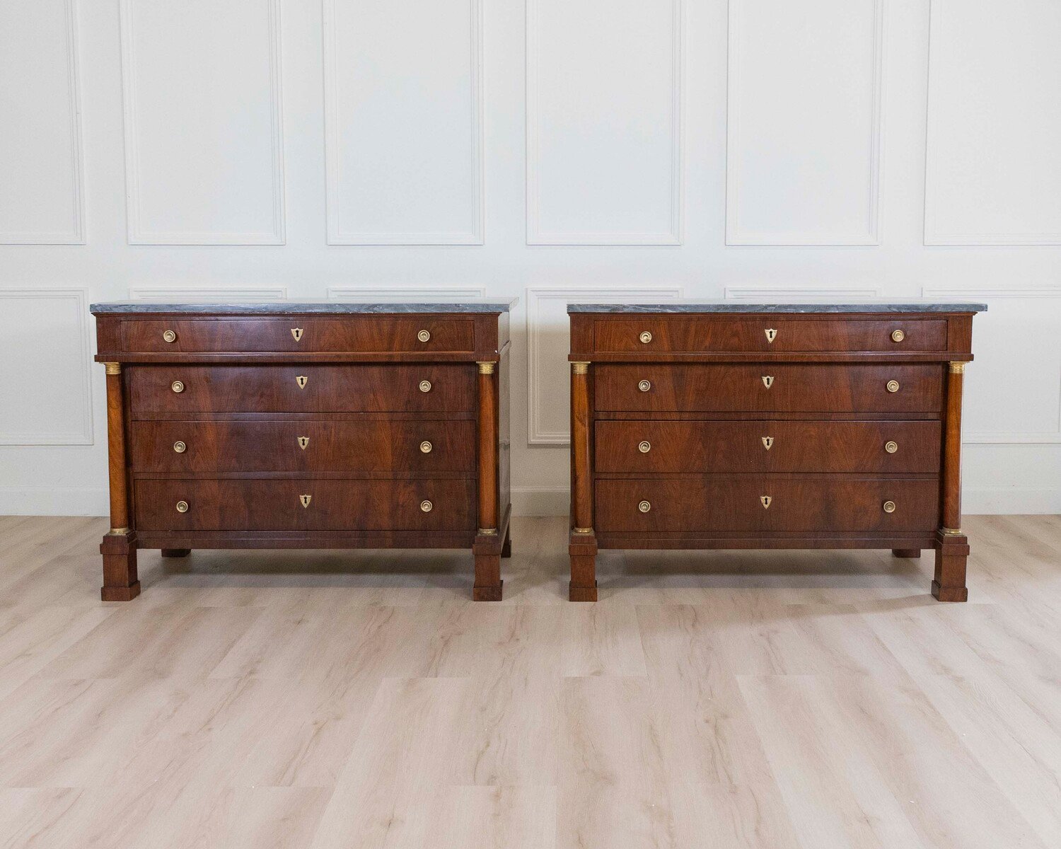 ON HOLD - Pair Of Walnut Empire Chests Of Drawers 1810 With Marble Tops - JAA
