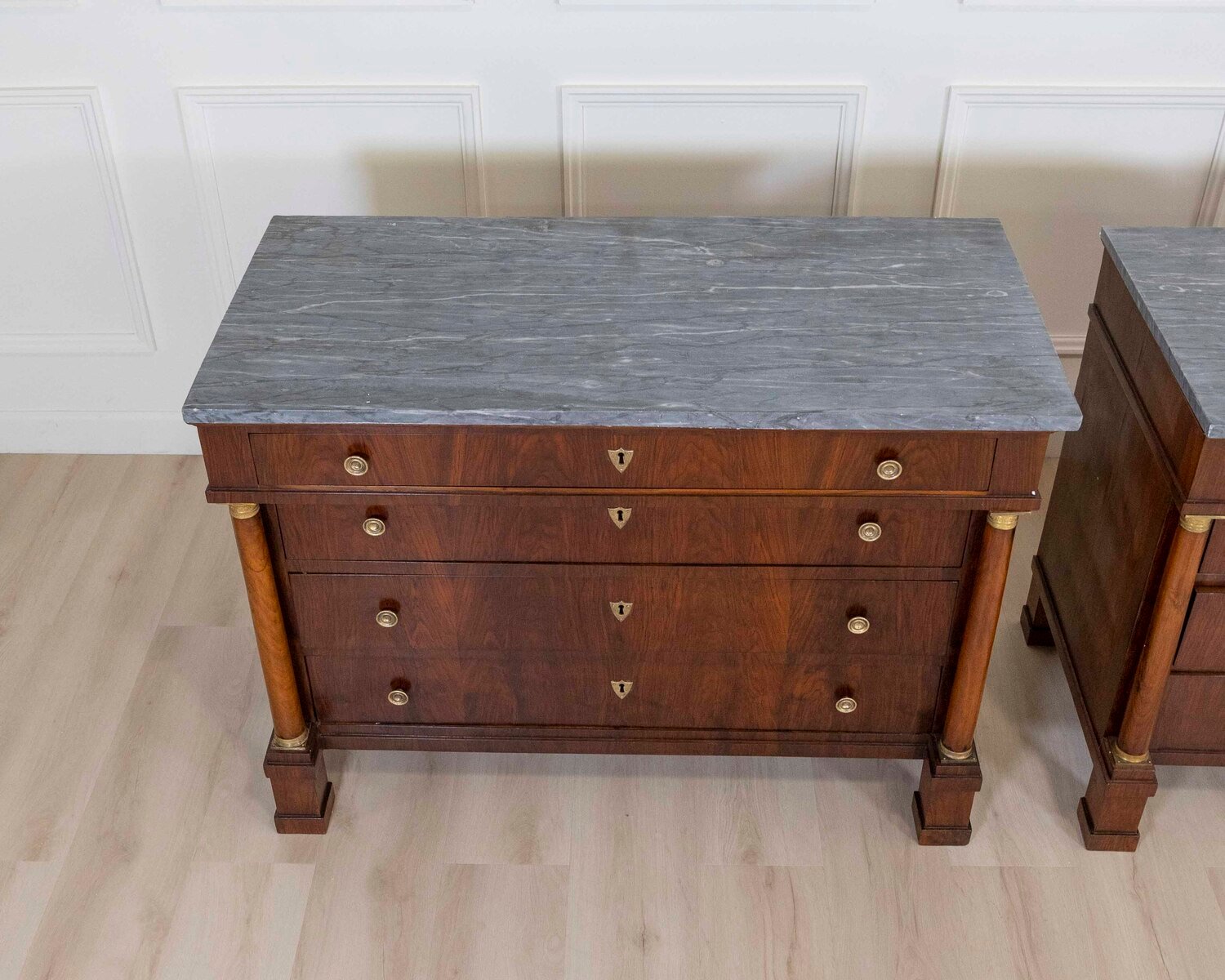 ON HOLD - Pair Of Walnut Empire Chests Of Drawers 1810 With Marble Tops - JAA