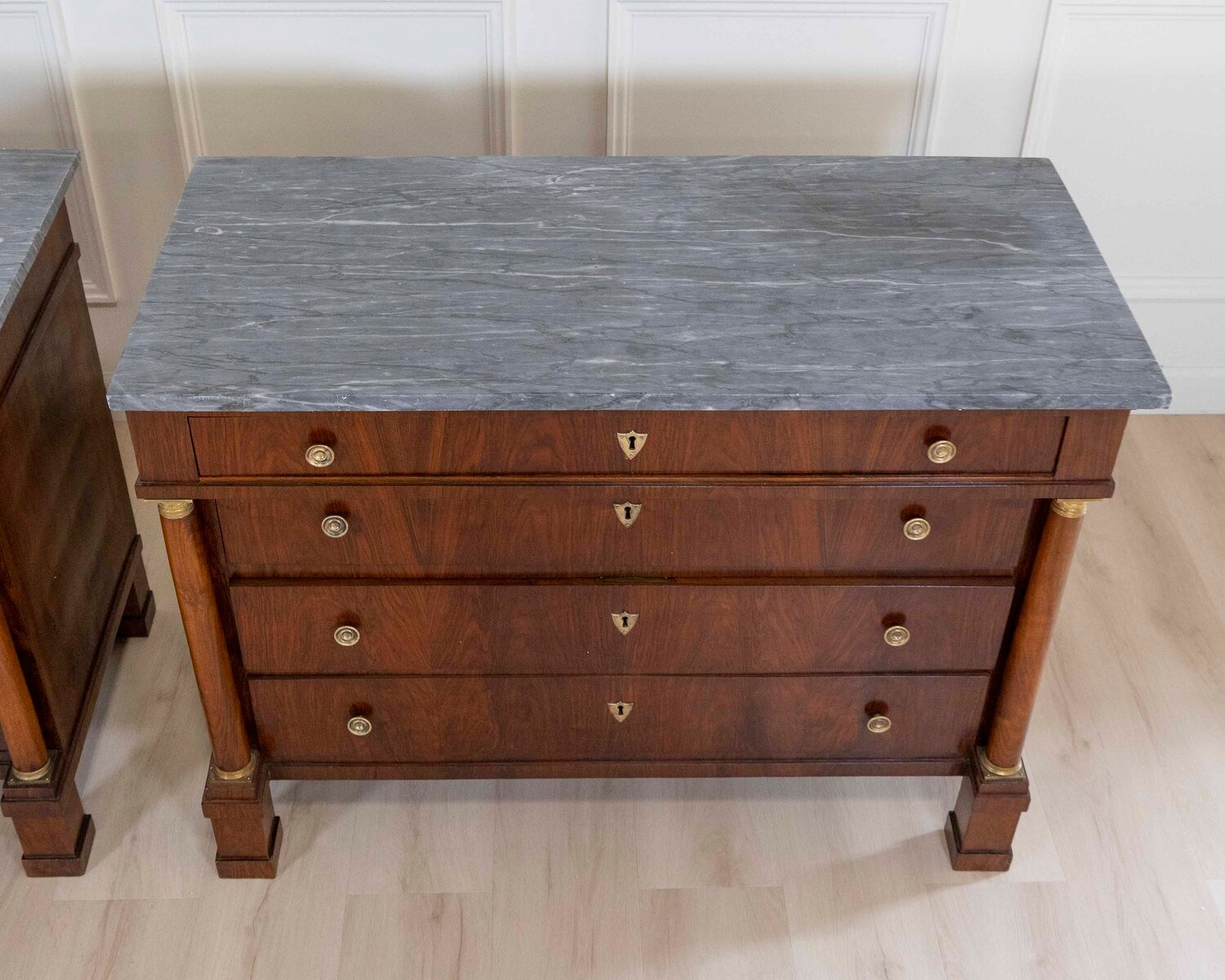 ON HOLD - Pair Of Walnut Empire Chests Of Drawers 1810 With Marble Tops - JAA