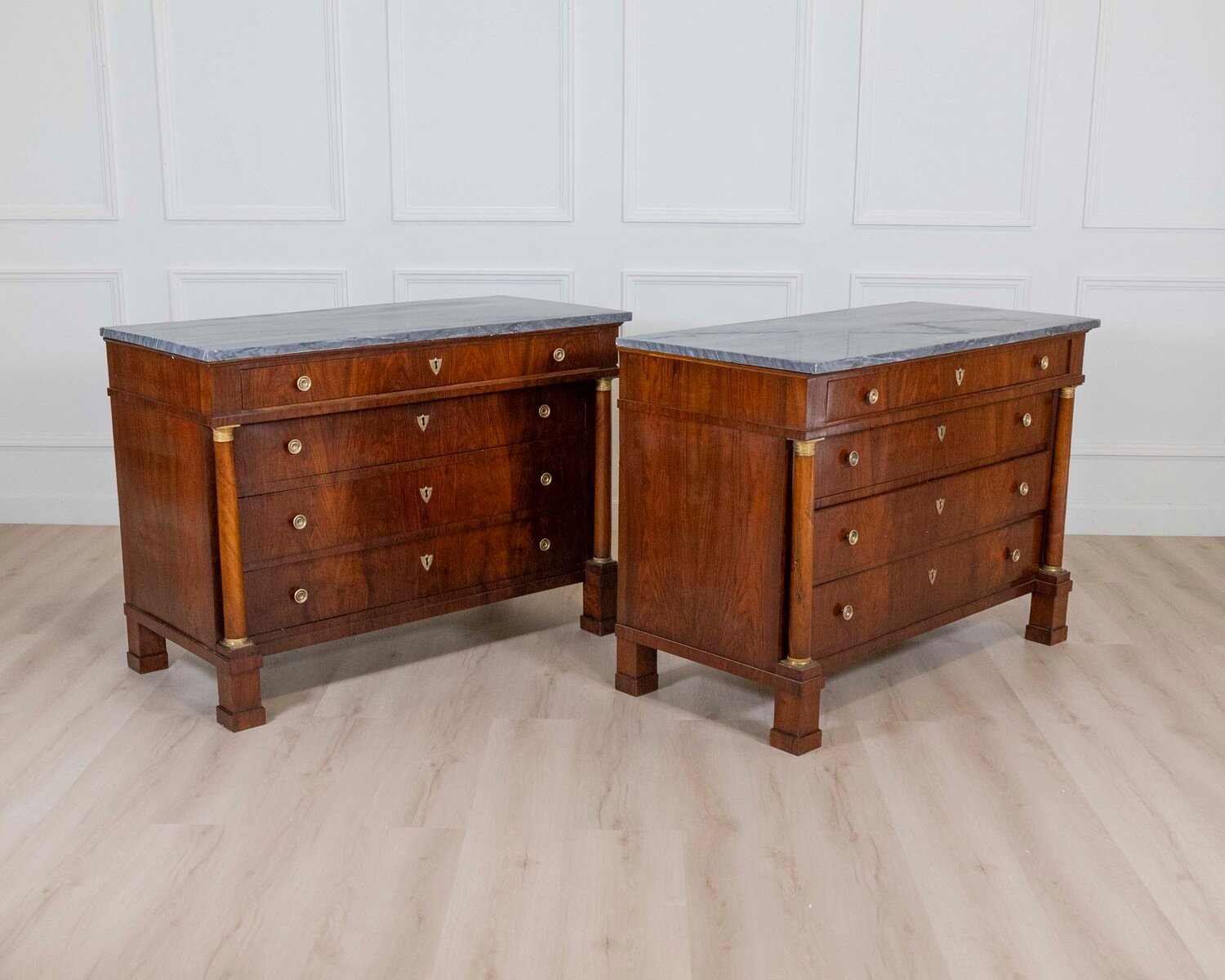 ON HOLD - Pair Of Walnut Empire Chests Of Drawers 1810 With Marble Tops - JAA