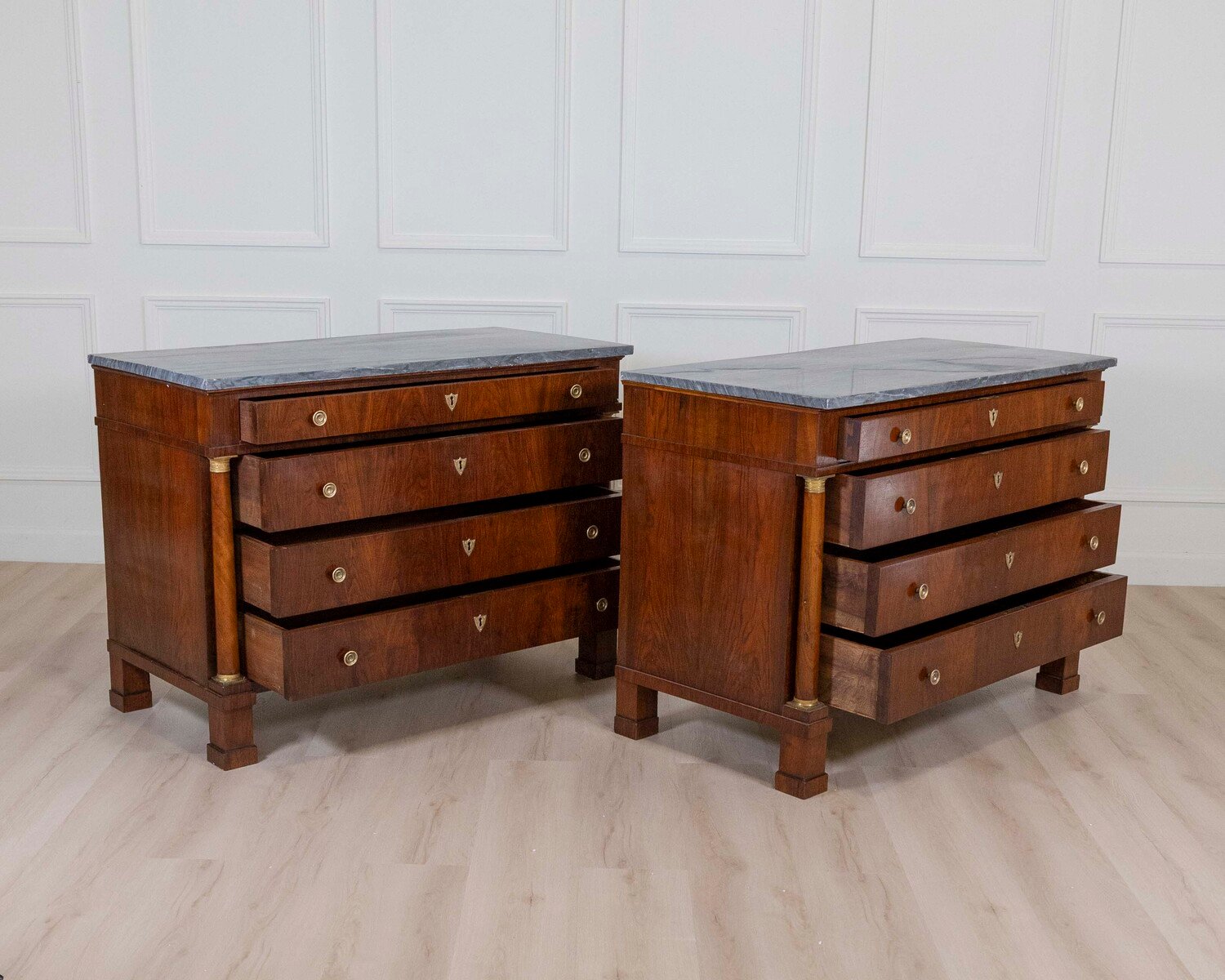 ON HOLD - Pair Of Walnut Empire Chests Of Drawers 1810 With Marble Tops - JAA
