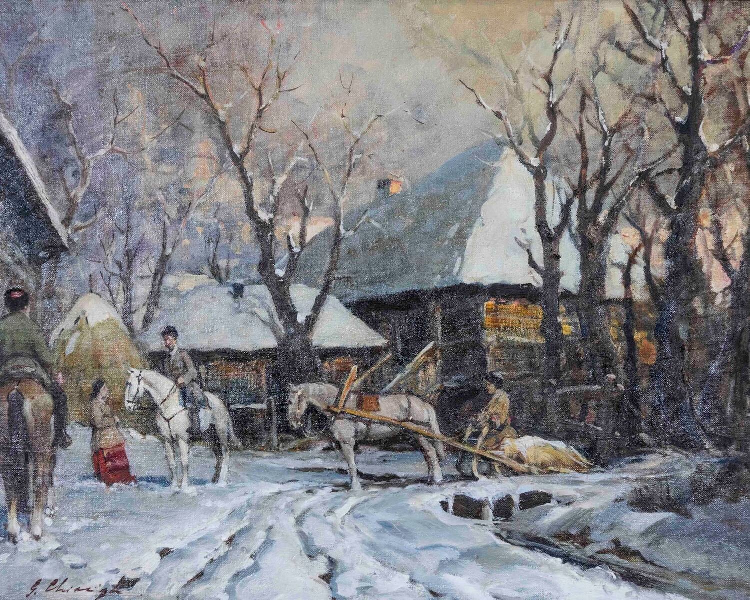 Chiacigh, “russian Landscape With Figures And Horses,” Oil On Canvas, Signed, Mid-20th - JAA