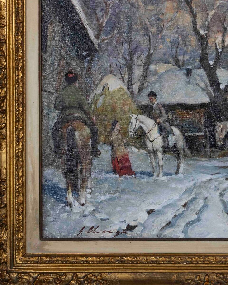 Chiacigh, “russian Landscape With Figures And Horses,” Oil On Canvas, Signed, Mid-20th - JAA