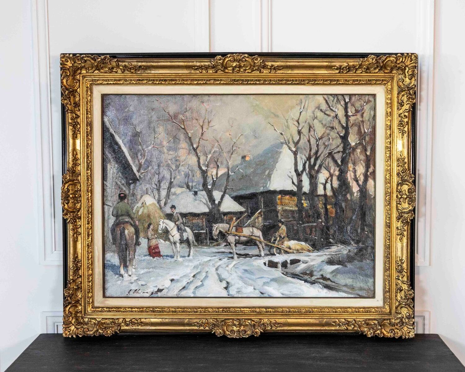 Chiacigh, “russian Landscape With Figures And Horses,” Oil On Canvas, Signed, Mid-20th - JAA