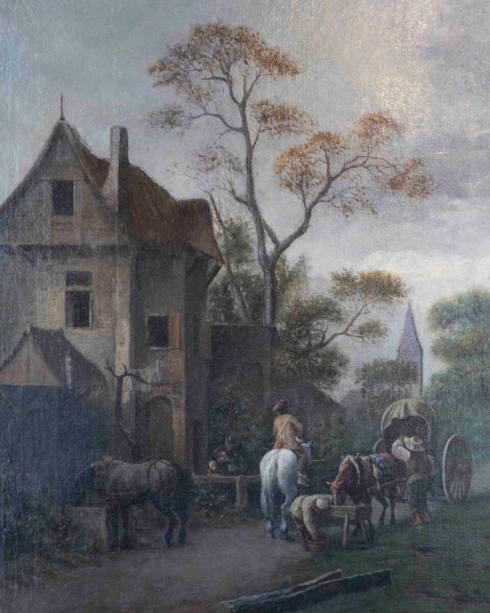 Flemish 18th Century Oil on Canvas, Suburban Street with Wayfarers - JAA