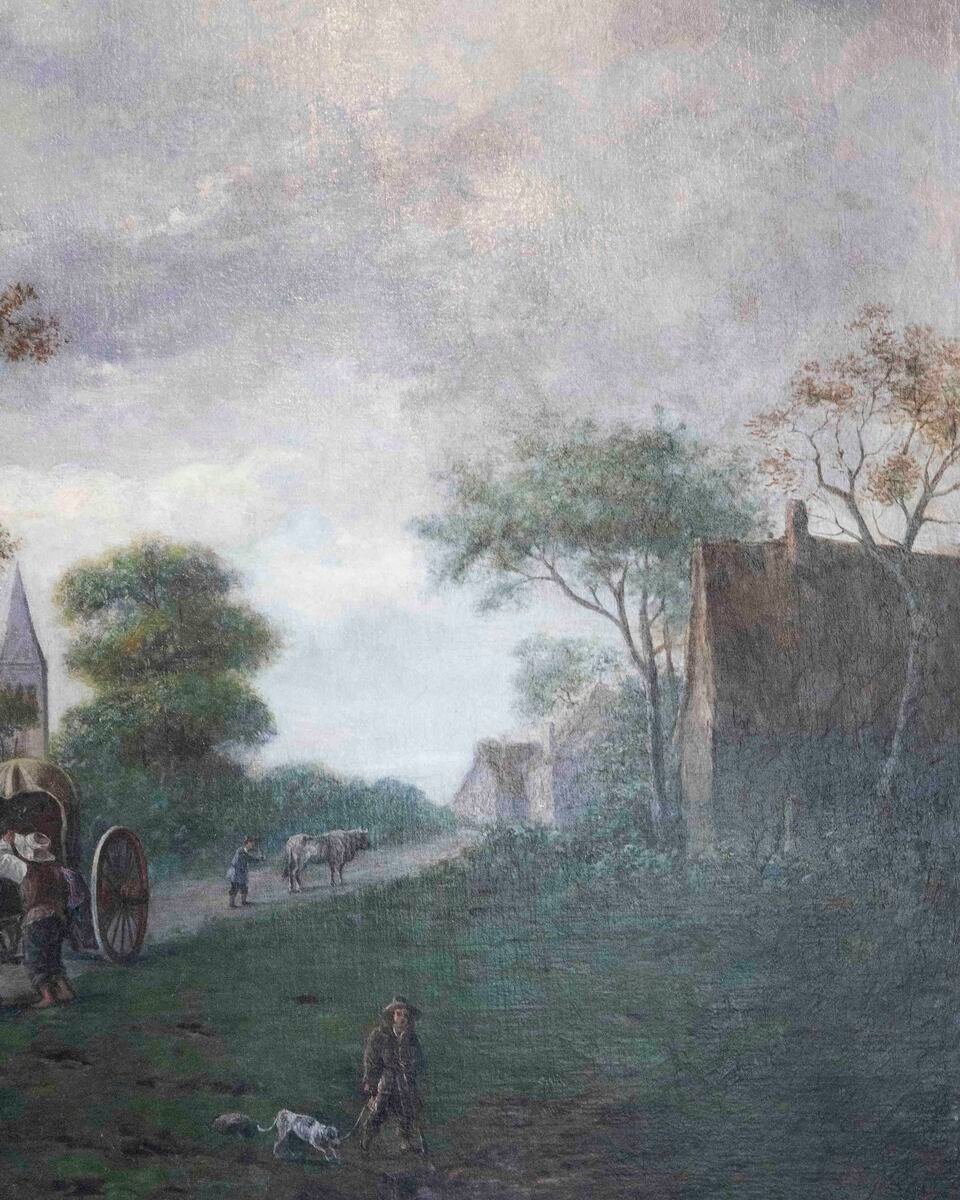 Flemish 18th Century Oil on Canvas, Suburban Street with Wayfarers - JAA