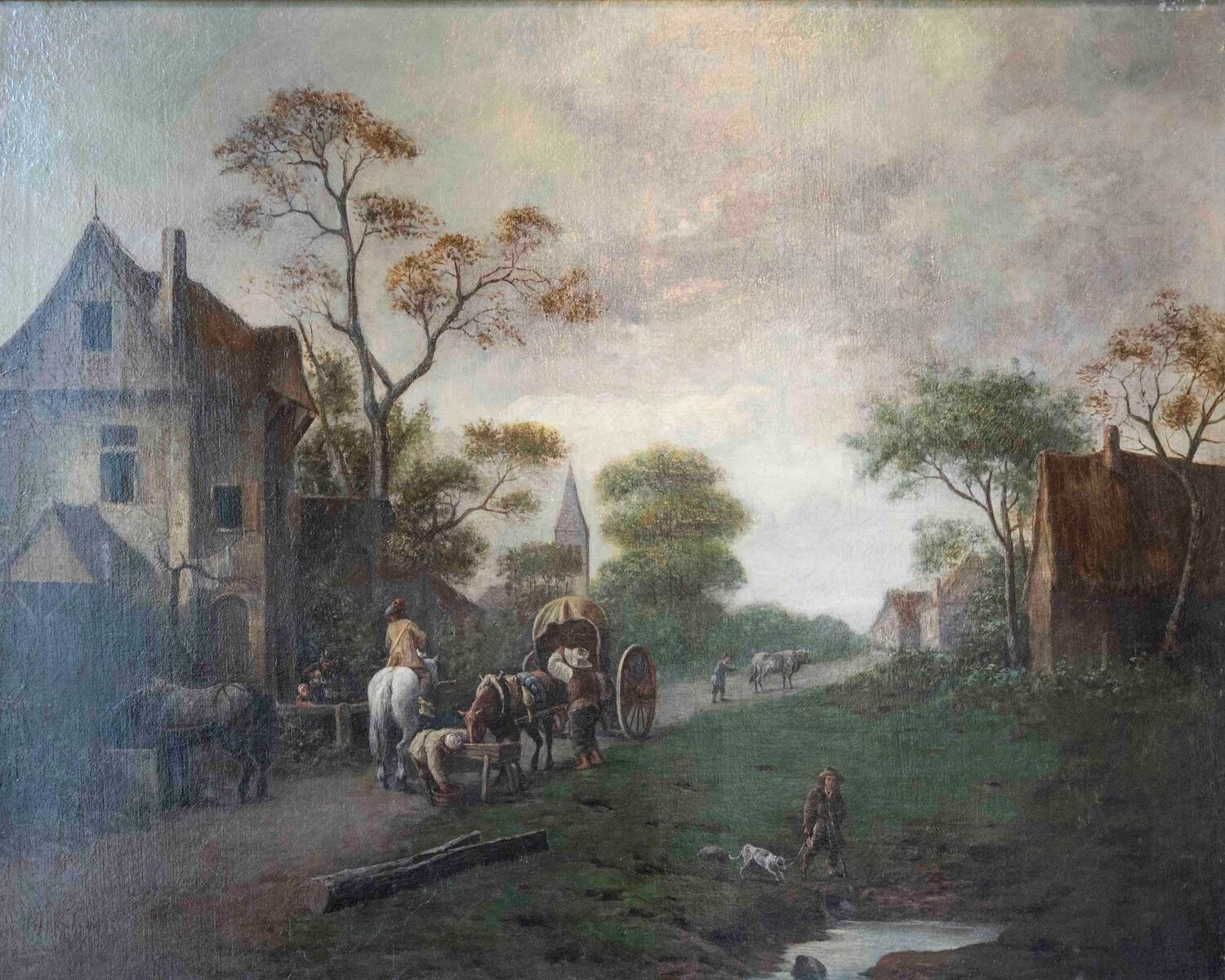 Flemish 18th Century Oil on Canvas, Suburban Street with Wayfarers - JAA