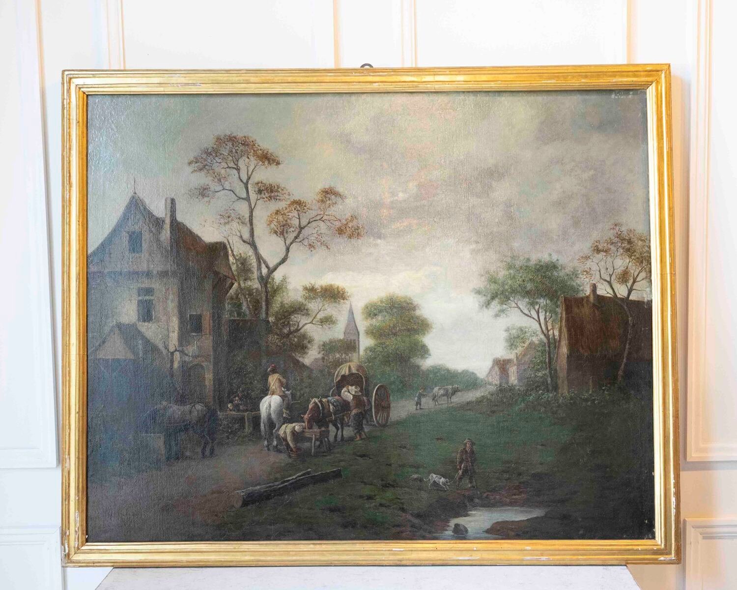 Flemish 18th Century Oil on Canvas, Suburban Street with Wayfarers - JAA