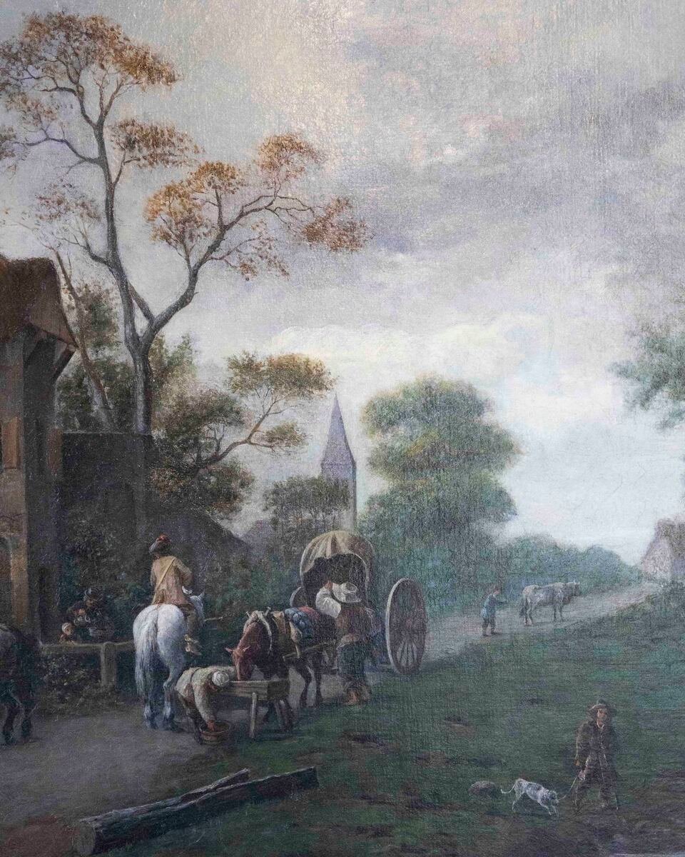 Flemish 18th Century Oil on Canvas, Suburban Street with Wayfarers - JAA