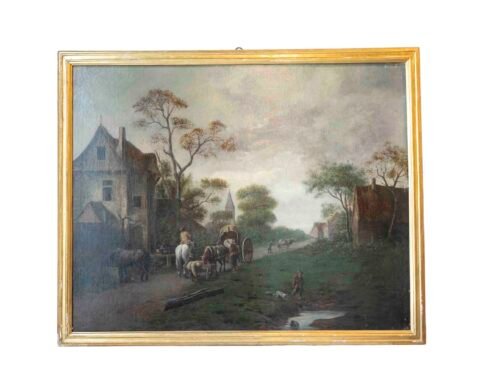 Flemish 18th Century Oil on Canvas, Suburban Street with Wayfarers