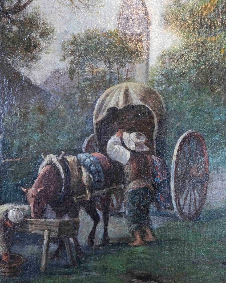 Flemish 18th Century Oil on Canvas, Suburban Street with Wayfarers - JAA