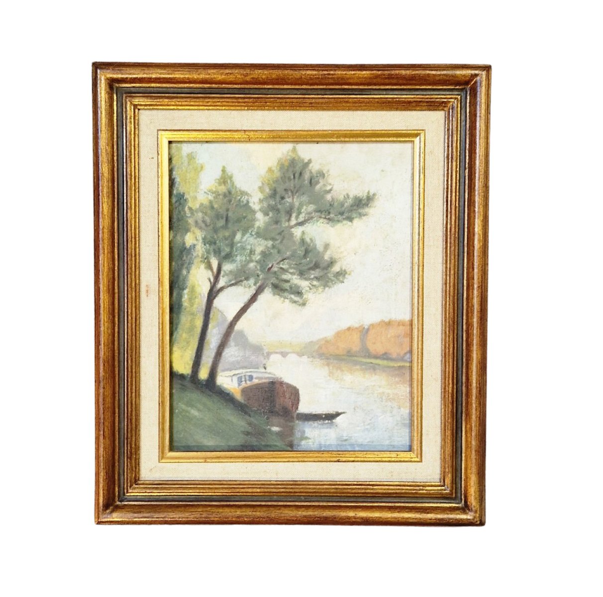 Oil on cardboard depicting a barge bathed in beautiful light, creating a serene and peaceful atmosphere