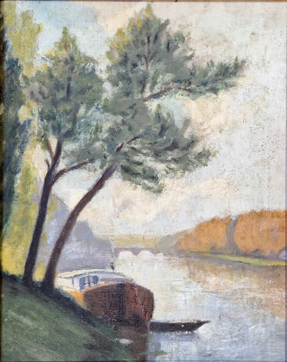 Oil on cardboard depicting a barge bathed in beautiful light, creating a serene and peaceful atmosphere - JAA