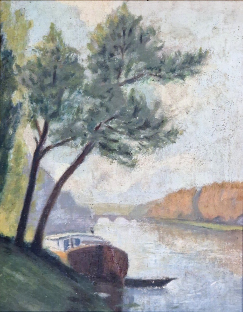 Oil on cardboard depicting a barge bathed in beautiful light, creating a serene and peaceful atmosphere - JAA