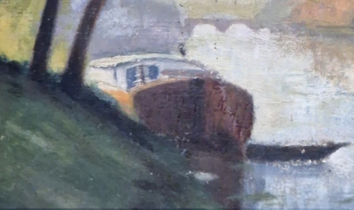Oil on cardboard depicting a barge bathed in beautiful light, creating a serene and peaceful atmosphere - JAA