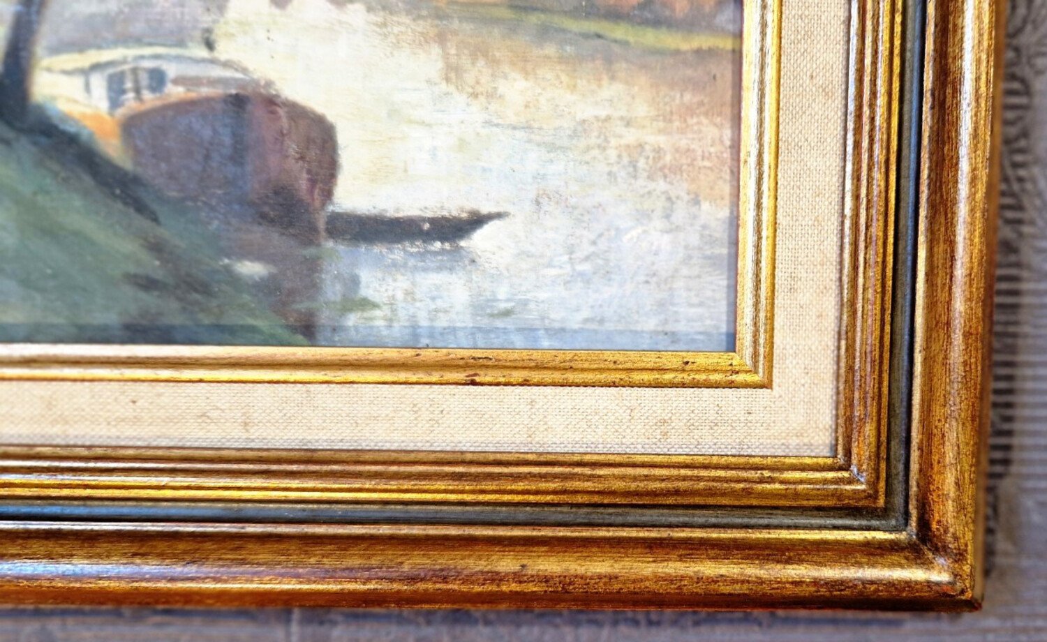 Oil on cardboard depicting a barge bathed in beautiful light, creating a serene and peaceful atmosphere - JAA