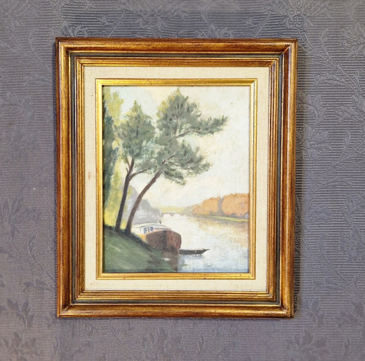 Oil on cardboard depicting a barge bathed in beautiful light, creating a serene and peaceful atmosphere - JAA