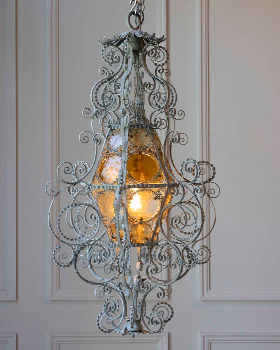 Early 1900s Italian Wrought Iron Lantern Light Green Finish Amber Glasses - JAA