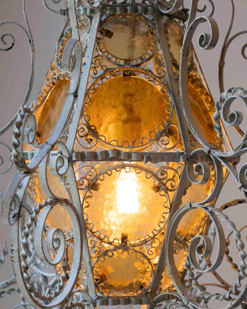 Early 1900s Italian Wrought Iron Lantern Light Green Finish Amber Glasses - JAA