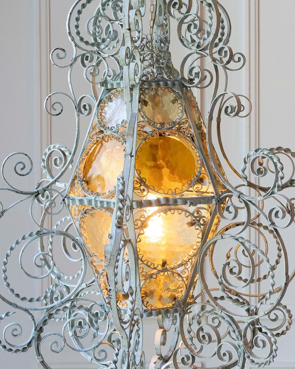 Early 1900s Italian Wrought Iron Lantern Light Green Finish Amber Glasses - JAA