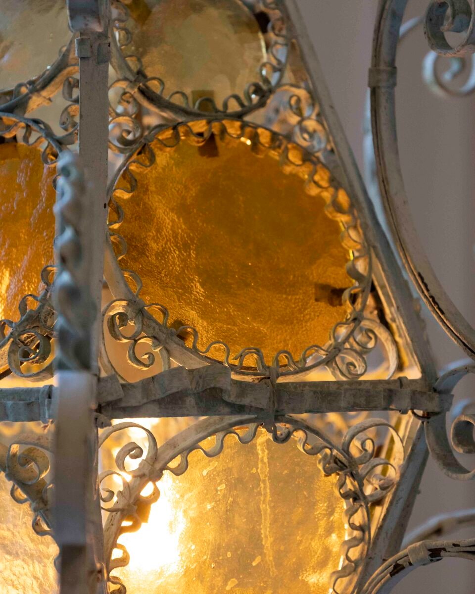 Early 1900s Italian Wrought Iron Lantern Light Green Finish Amber Glasses - JAA