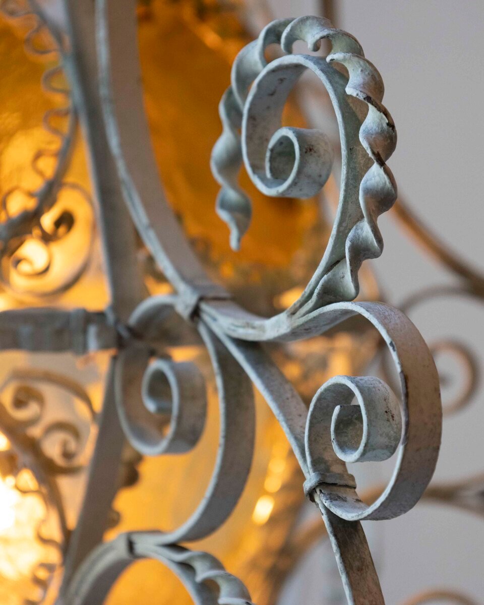 Early 1900s Italian Wrought Iron Lantern Light Green Finish Amber Glasses - JAA