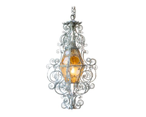 Early 1900s Italian Wrought Iron Lantern Light Green Finish Amber Glasses