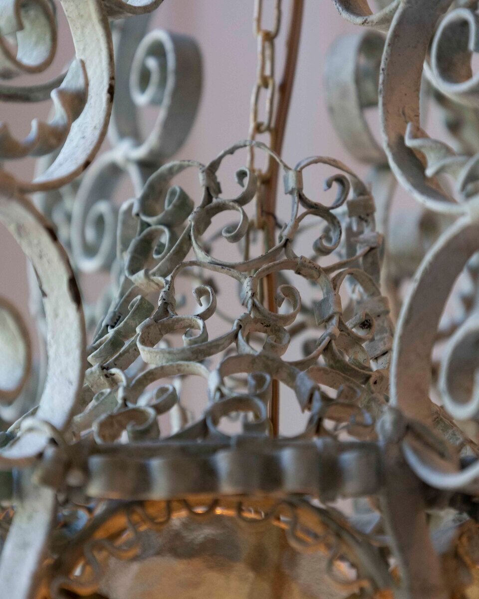Early 1900s Italian Wrought Iron Lantern Light Green Finish Amber Glasses - JAA