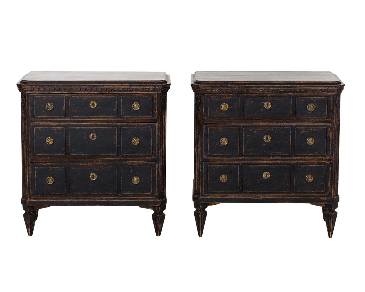 Charming pair of black richly carved chests of drawers, circa 100 years old.