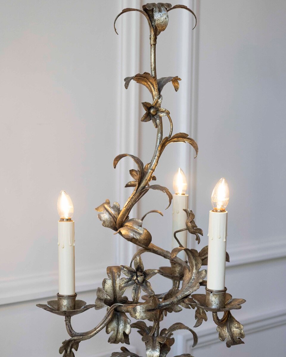 Pair Of Italian Candelabra 20th Century Silver-leaf Wrought Iron Foliate Lamps - JAA